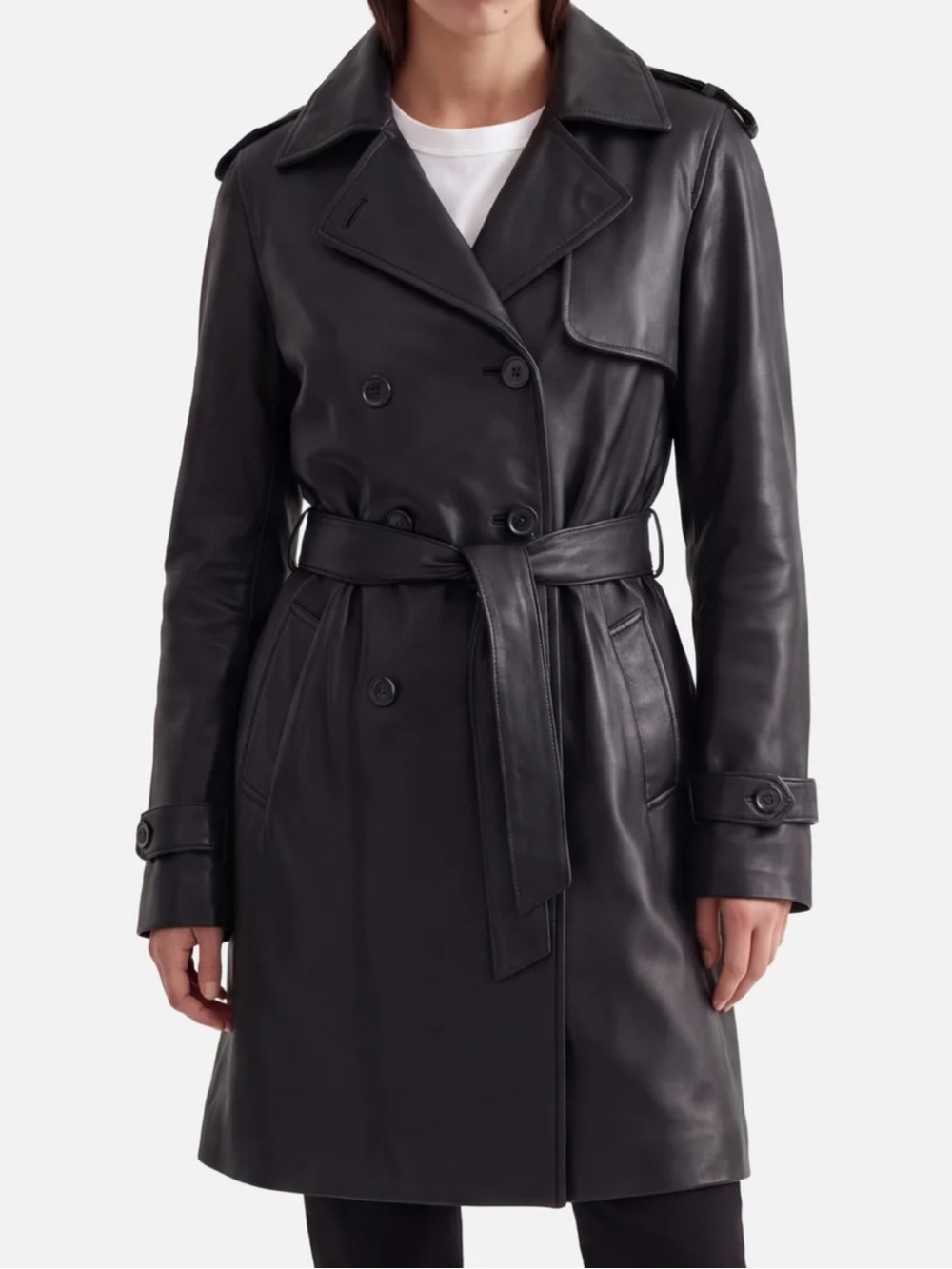 Women's Black Leather Trench Coat with Belt